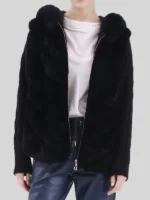 Quinlan Women’s Black Hooded Real Rex Rabbit Fur Jacket