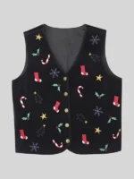 Women Embroidered Christmas Black Velvet Vest