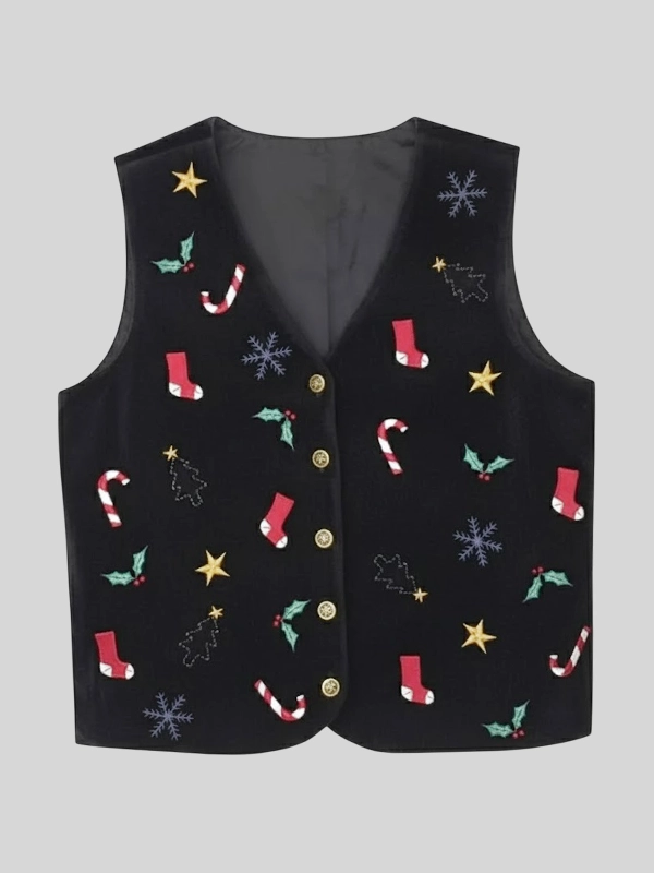 Women Embroidered Christmas Black Velvet Vest Women Embroidered Christmas Black Velvet Vest