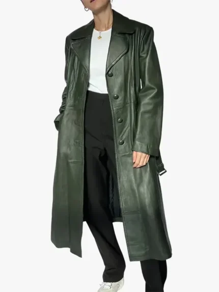 70s Dark Green Leather Trench Coat Ladies