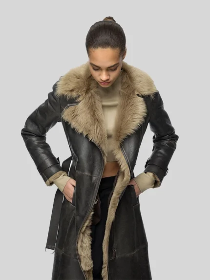 Belted Shearling Leather Trench Coat