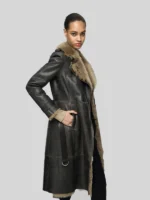 Belted Shearling Leather Trench Long Coat