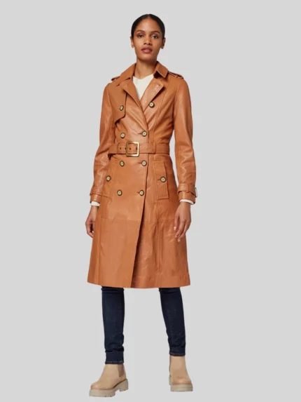 Brown Leather Trench Coat With Belted