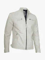 Classic Mens Off White Caf Racer Leather Jacket