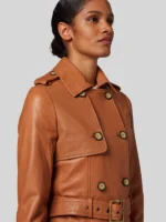 Double Breasted Brown Belted Leather Trench Coat