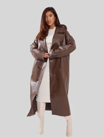 Double Breasted Faux Leather Trench Coat