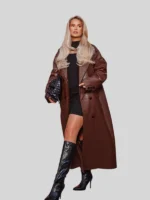 Double Breasted Leather Brown Trench Coat