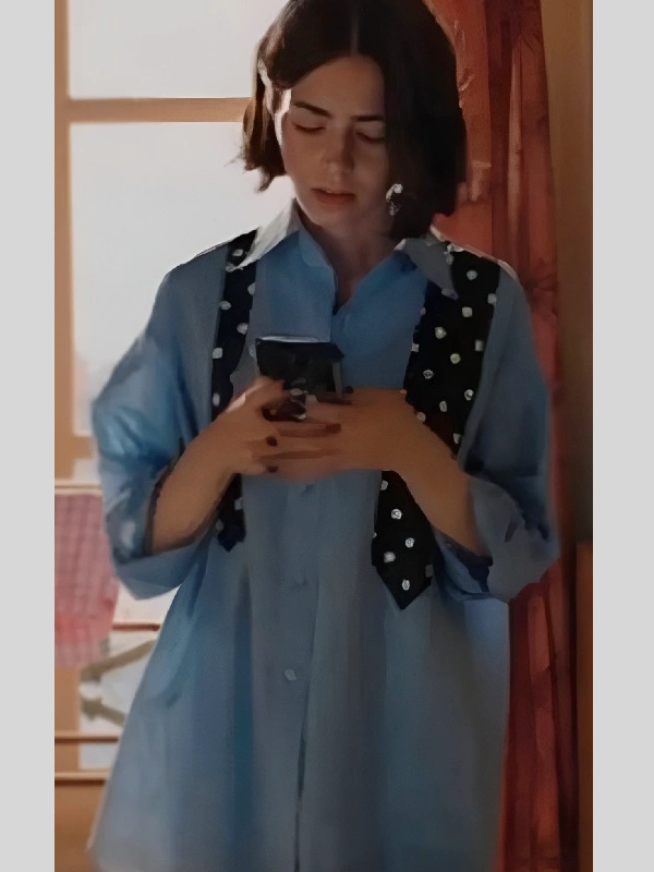 Emily In Paris S05 Lily Collins Blue Shirt With Polka Dot Tie Emily In Paris S05 Lily Collins Blue Shirt With Polka Dot Tie