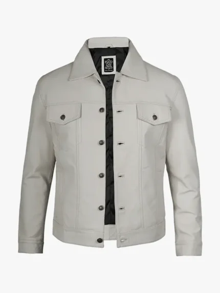 Four Pocket Mens Off White Trucker Leather Jacket
