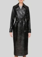 Glazed Double Breasted Faux Leather Trench Belted Black Coat