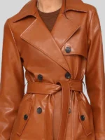 Glazed Double Breasted Faux Leather Trench Belted Coat