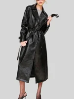 Glazed Faux-Ever Leather Belted Black Coat
