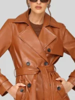 Glazed Faux-Ever Leather Belted Trench Brown Coat