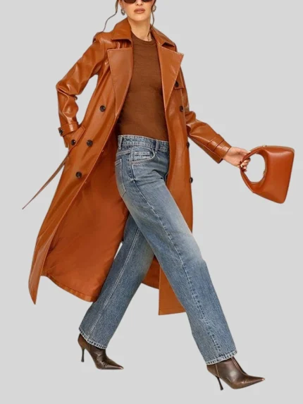 Glazed Faux-Ever Leather Belted Trench Coat