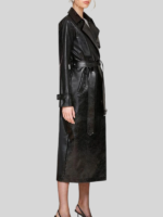 Glazed Faux-Ever Leather Belted Trench Women Coat Black