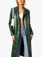 Green Trench Coat Long Sleeves Faux Leather