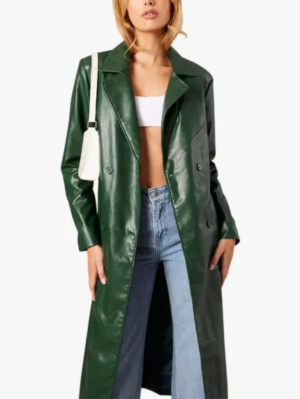 Green Trench Coat Long Sleeves Faux Leather