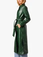 Green Trench Coat Long Sleeves Faux Leather Women