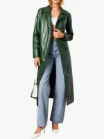 Green Trench Coat Long Sleeves Faux Leather Womens