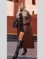 Long Chocolate Oversized Double Breasted Faux Leather Trench Coat