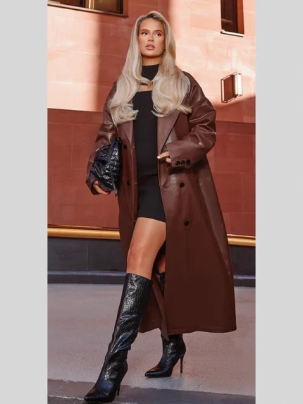 Long Chocolate Oversized Double Breasted Faux Leather Trench Coat