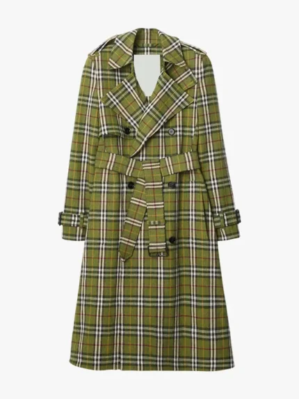 Long Check Stretch Linen Trench Coat