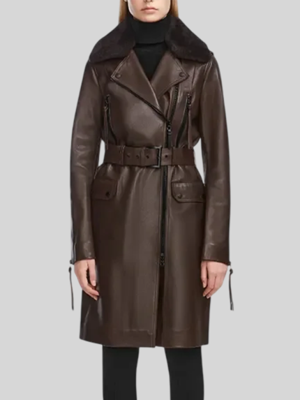MIDWAY Women’s Leather Trench Brown Coat