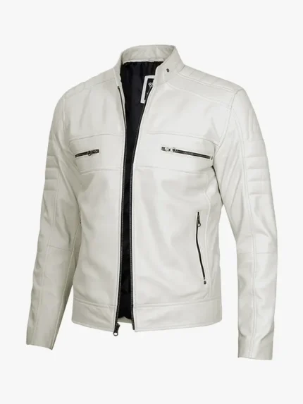 Mens Biker Off White Leather Caf Racer Jacket