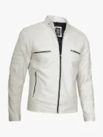 Mens Off White Distressed Caf Racer Leather Jacket