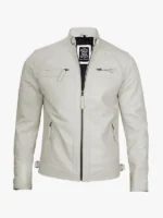 Mens Slim Fit Off White Caf Racer Leather Jacket