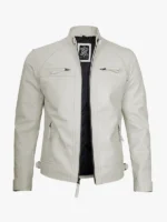 Mens Vintage Off White Caf Racer Leather Jacket