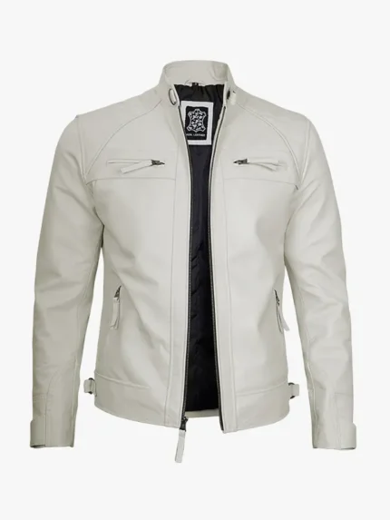 Mens Vintage Off White Caf Racer Leather Jacket