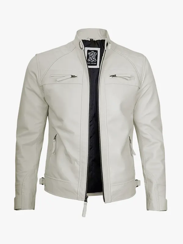 Mens Vintage Off White Caf Racer Leather Jacket