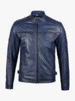 Mens Blue Waxed Cafe Racer Leather Jacket