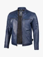 Mens Blue Waxed Cafe Racer Leather Jacket