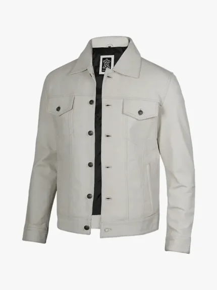 Mens Off White Leather Trucker Jacket