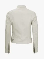 Off White Distressed Caf Racer Leather Jacket for Women