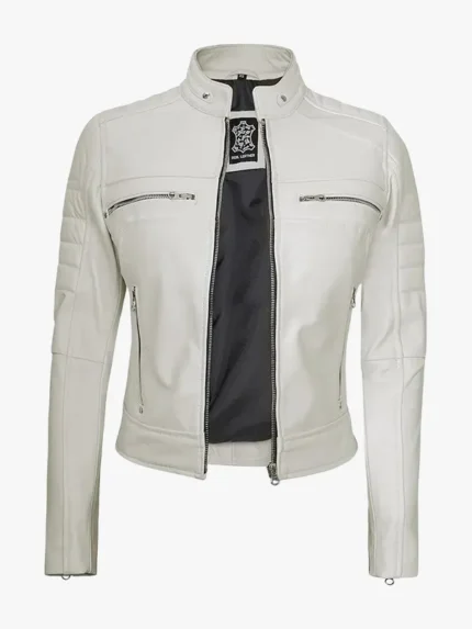 Off White Real Leather Biker Jacket for Women