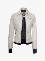 Off White Womens Hooded Leather Jacket with Detachable Hood