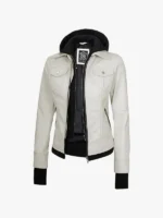 Off White Womens Removable Hood Motorcycle Leather Jacket