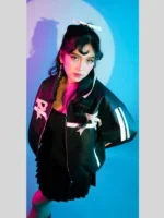 Pink Bow Leather Black Oversized Jacket