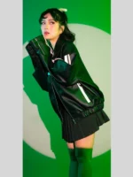 Pink Bow Ribbon Black Leather Oversized Jacket