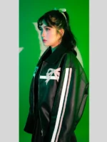 Pink Bow Ribbon Leather Black Jacket