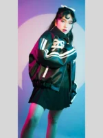 Pink Bow Ribbon Leather Black Oversized Jacket