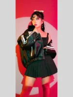 Pink Bow Ribbon Leather Oversized Black Jacket