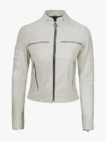 Real Lambskin Leather Off White Biker Jacket Womens