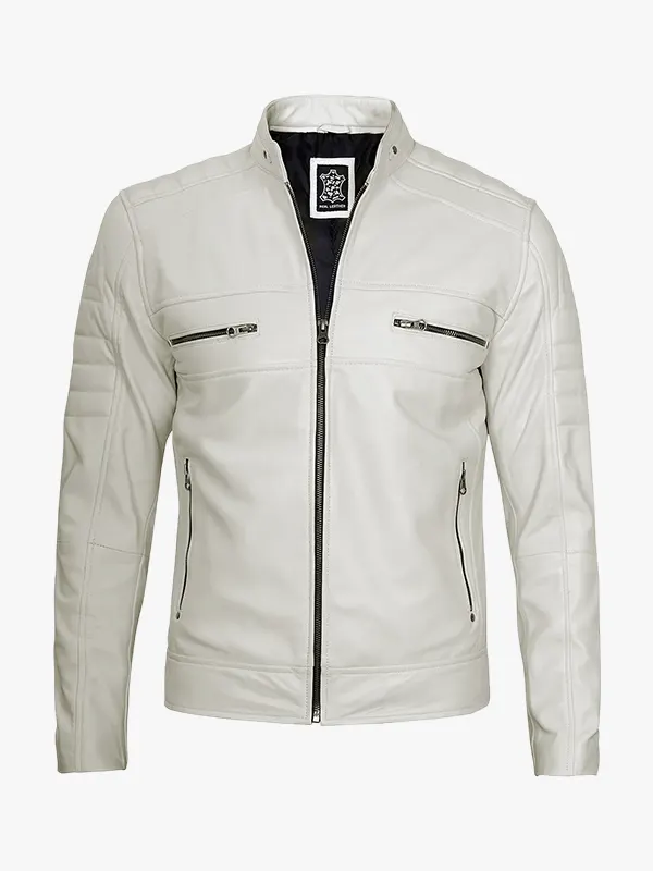 Stylish Off White Mens Caf Racer Leather Motorcycle Jacket