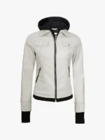 Stylish Womens Off White Leather Jacket with Removable Hood