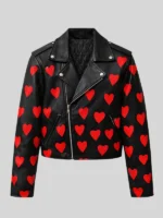 Valentine Day Heart-Printed Red and Black Leather Jacket