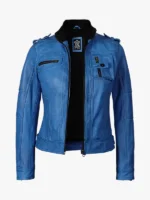 Womens Blue Waxed Biker Leather Jacket